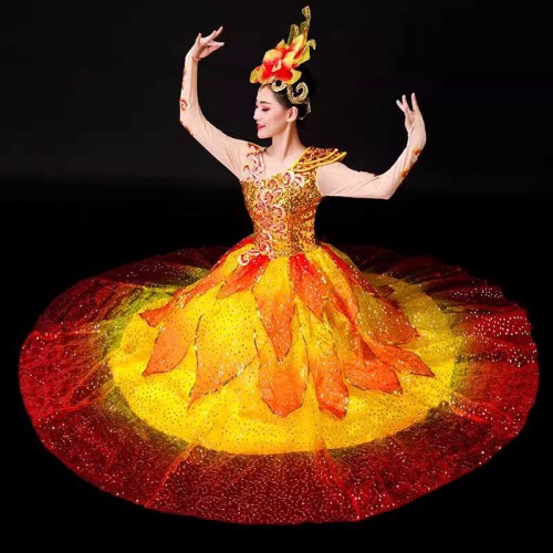 Red with gold petals flamenco dance dresses for women girls chinese folk dance opening choir ballroom dance long swing skirts pageant dress for female